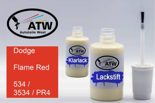 Dodge, Flame Red, 534 / 3534 / PR4: 20ml Lackstift + 20ml Klarlack - Set, von ATW Autoteile West.